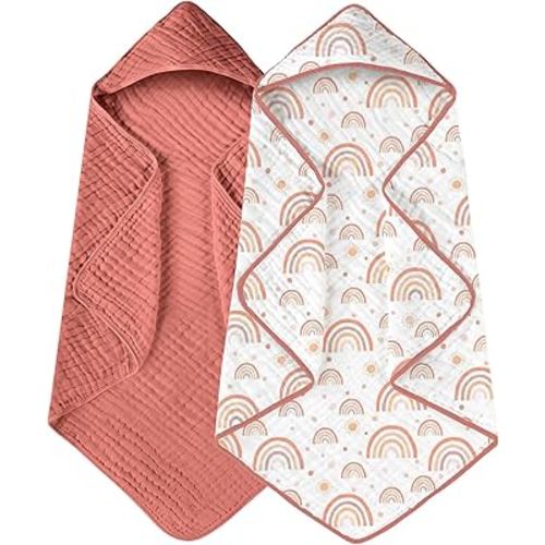 Yoofoss Hooded Baby Towels for Newborn 2 Pack 100% Muslin Organic Cotton Baby Bath Towel with Hood for Babies, Infant, Toddler and Kids, 32x32Inch, Soft and Absorbent Newborn Essential,Pink Rainbow