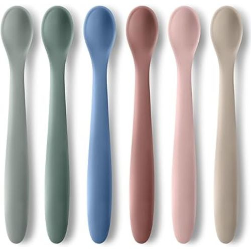 6-Piece Silicone Baby Feeding Spoons for First Stage Infant, Soft-Tip Easy on Gums I Training Spoon Self | Baby Utensils Feeding Supplies, Dishwasher Safe & Boil-proof