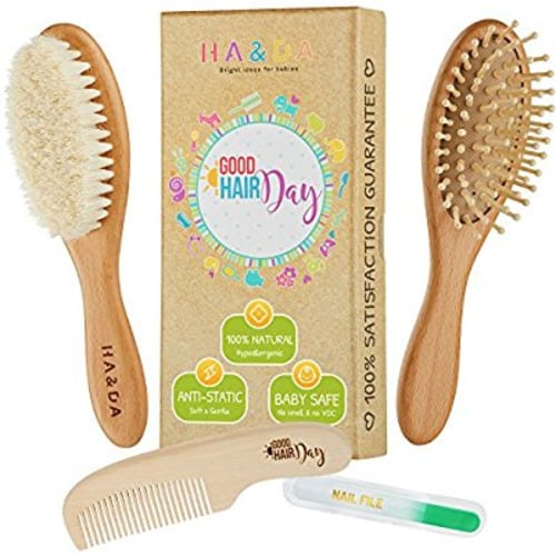 4 Piece Natural Baby Wooden Hair Brush and comb set, Free nail file, Babies Grooming Kit, Soft Goat Bristles for Cradle Cap, Boys & Girls, Toddler & Newborn, Baby Shower Gift & Registry