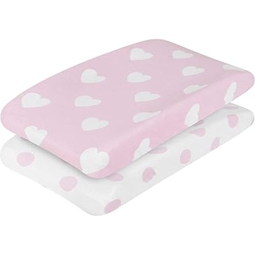 EVERYDAY KIDS 2 Pack Baby Changing Pad Covers for Baby Girl – Fits Most Changing Table Pads; 100% Cotton Jersey Knit, Breathable, Soft Changing Table Topper – Pink and White Hearts and Polka Dots