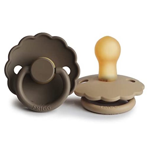 FRIGG Daisy Natural Rubber Baby Pacifier | Made in Denmark | BPA-Free (Croissant/Portobello, 0-6 Months) 2-Pack