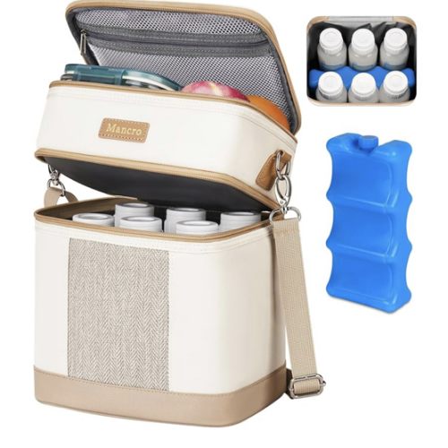 Mancro Breastmilk Cooler Bag with Ice Pack, Double Layer Insulated Baby Bottles Bag Fits 6 Bottles Up to 9 Ounces, Portable Breast Pump Cooler Travel Bag for Daycare and Nursing Moms, Beige