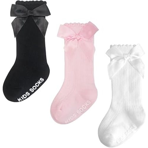 Baby Knee High Socks Girl Non Slip Toddler Stockings Cotton Bow Ruffle Newborn Long Socks Infant Dress Sock 0-6M/6-12M/1-3Y