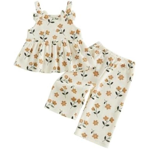 VISGOGO Infant​ Toddler Baby Girl Floral Outfit Sleeveless Waffle Cami Tank Ruffle Tops Wide Pants Summer Clothes
