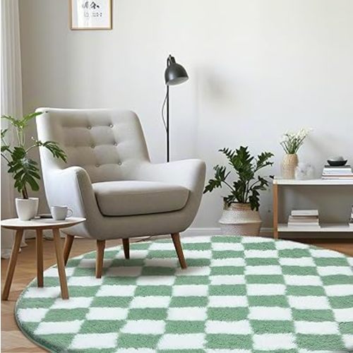 Super Soft Rug, Round Rug for Bedroom, 4X4 Ft Sage Green and White Checkered Round Rug Non-Slip High Pile Cute Soft Fluffy Rug for Living Room Bedroom Kids Room