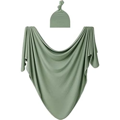 Bayceen Large Rayon Jersey Knitted Swaddle Blanket for Baby, Soft Stretchy Receiving Blanket for Newborns with Hat, Large 47 x 47 inches (Sage)