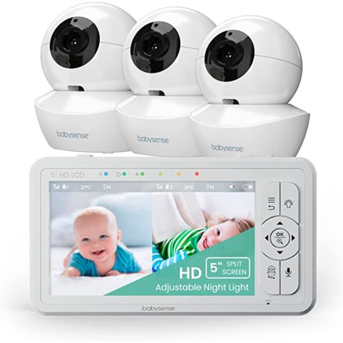 Babysense 5" HD Split-Screen Baby Monitor, Video Baby Monitor with Camera and Audio, Three HD Cameras with Remote PTZ, Night Light, 960ft Range, Two-Way Audio, 4X Zoom, Night Vision, 4000mAh Battery