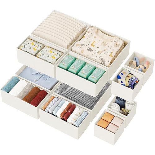 12 Pack Drawer Organizer for Baby Clothes, Nursery Organizer for Baby Diaper, Collapsible Deep Fabric Drawer Organizer with Zipper for Socks, Bra, Towels, Ties, White