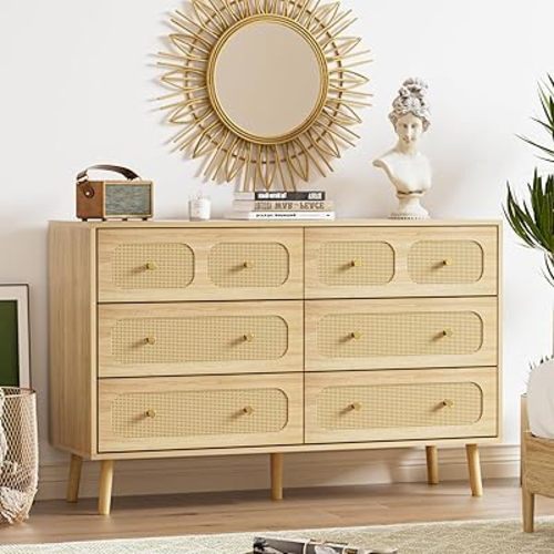 6 Drawer Rattan Dresser for Bedroom, Modern Double Dresser with Gold Handles, Wood Storage Chest of Drawers for Bedroom, Living Room, Hallway and Entryway, Natural