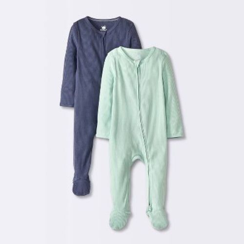 Baby 2pk Wide Ribbed Solid Sleep N' Play - Cloud Island™ Blue 3-6M: Cotton, Two-Way Zipper, Mitten Cuff