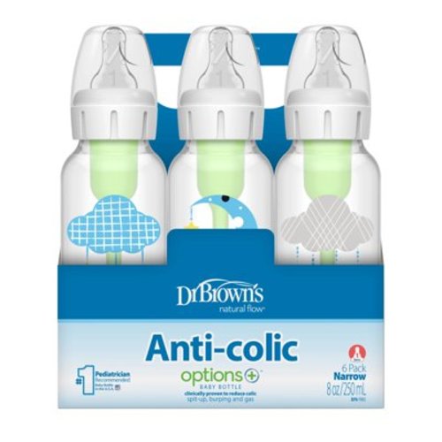 Dr. Brown's Natural Flow Anti-Colic Options+ Narrow Baby Bottle, Cloud Moon, 8oz, 0m+, 6 Pack