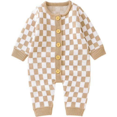Gueuusu Infant Baby Girl Boy Knitted Sweater Romper Jumpsuit Checkerboard Plaid Print Long Sleeve Button Down Bodysuit - 6-12 Months - Camel