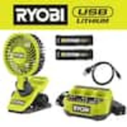 RYOBI USB Lithium Clamp Fan Kit with 2.0 Ah USB Lithium Battery, Charging Cable, 3 Ah Battery, and USB Lithium 3-Port Charger FVF51K-FVCH01-FVB03