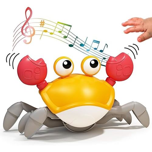 QINGBAO Crawling Crab Toy, Infant Tummy Time Baby Toys, Fun Interactive Dancing Walking Moving Toy Babies Sensory Induction Crabs with Music (Yellow)