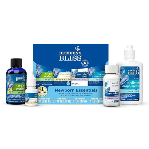 Mommy's Bliss 4-Piece Newborn and Baby Essentials Kit - With Gripe Water, Gas Relief Drops, Vitamin D 400IU, and Saline Drops/Spray - The Perfect Baby Gift.