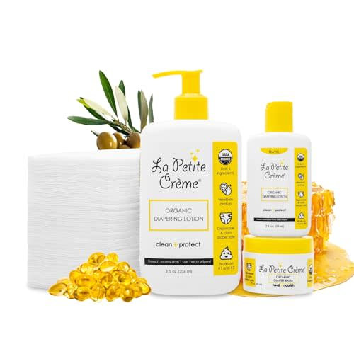 La Petite Creme Premium French Diapering Gift Set: Includes Organic Diapering Lotion (8 oz), Travel-size Liniment Baby Lotion (2 oz), 1 Travel-size Diaper Balm (1 oz), 50 Disposable Cotton Pads