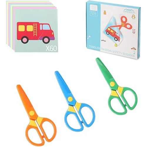 3-Pack Toddler Safety Scissors Kit - Child-Safe Preschool Training Scissors & 60 Sheets Paper Cutting | Ergonomic Blunt Tips, Early Childhood Development Tools for Kids 2-5 Years