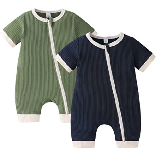 Bafeicao Unisex Baby Boy Girl 2 Pack Rompers Short Sleeve Two Way Zipper Romper One Piece Jumpsuits Clothes Sets