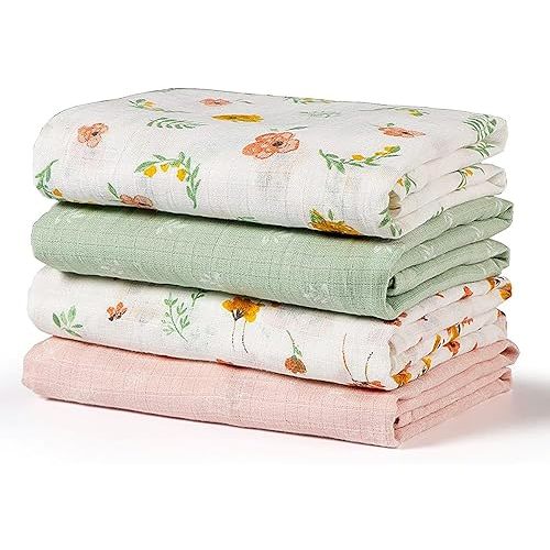 Muslin Swaddle Blankets for Baby Girls & Boys Gift, Large 47X47 inches Receiving Blankets for Newborn, Infant Swaddle Wrap Blanket Set Soft Silky & Breathable, 4 Pack Green Floral
