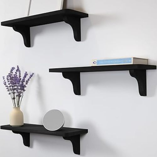 Real Wood Black Shelves for Wall - 17 inch (3 Pack) - Easy to Install, Template and Video Included - Black Wall Shelf, Mounted Wall Shelves, Bedroom Shelves for Wall, Wall Decor Shelves