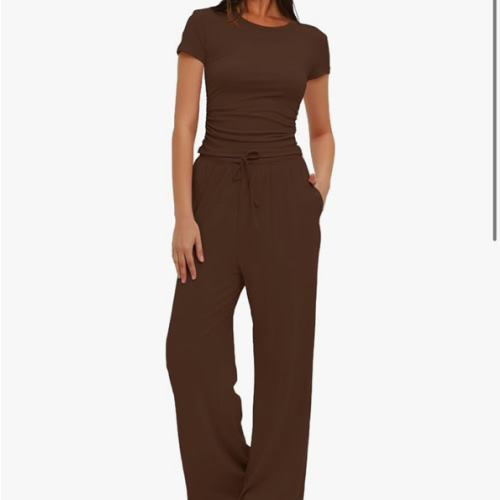 Darong Women's 2 Piece Set Summer Outfits Lounge Sets Ruched Short Sleeve Tops High Waisted Wide Leg Pants Tracksuit Sets
