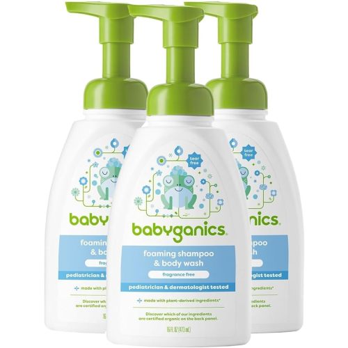 Babyganics Baby Shampoo + Body Wash Pump Bottle, Fragrance Free, 16oz, 3 Pack