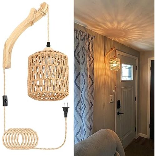 Frideko Rattan Wall Lamp with Plug in Cord Hand Woven Plug in Wall Sconces Paper Rope Wall Light Farmhouse Wall Sconce Wall Mounted Light Boho Wall Sconces Wall Lighting for Bedroom Living Room