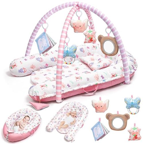 Pink Baby Play Mat, 7-in-1 Infant Gym Mat for Sensory and Motor Development, Washable & Portable Newborn Tummy Time Activity Mat for Home & Travel, Babies Gift for 0-3-6-9-12-18 Months