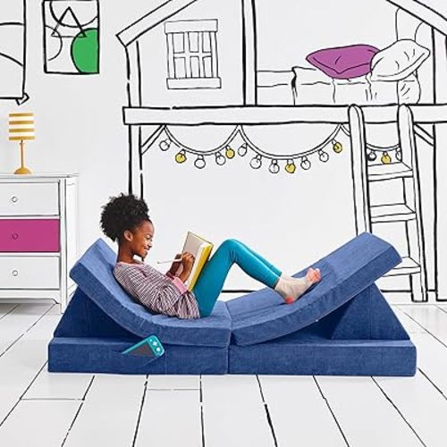 Yourigami Kids and Toddler Play Couch, Convertible Folding Sofa, Durable Foam Modular Design, Sapphire Caves XL