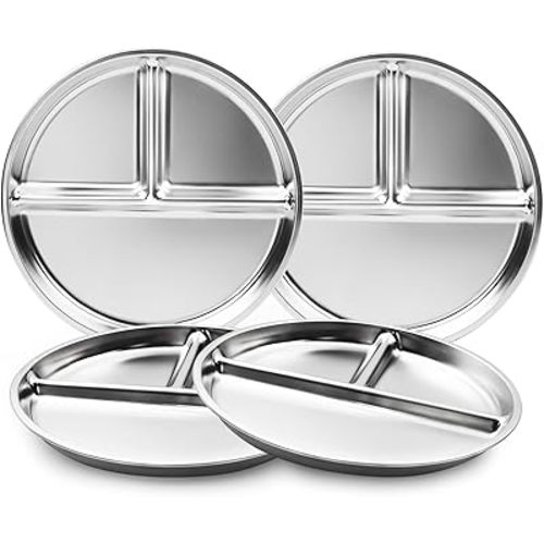 Stainless Steel Kids Plates Set of 4, 9" Portion Control Plates Divided Plates for Adults Toddlers Balance Lunch, Bariatric & Diabetic Diet, Non Toxic Camping Metal Snack Plates for Eating