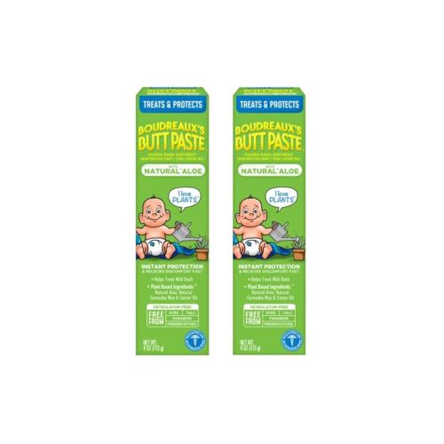 Boudreaux's Butt Paste with Natural* Aloe Diaper Rash Cream, Ointment for Baby, 4 oz Tube, 2 Pack