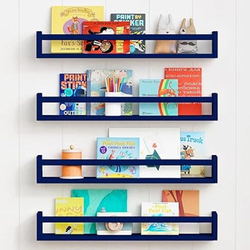 Forbena Wall Book Shelf Organizer for Kids Room Set of 4, Large Floating Bookshelves for Boy Nursery Wall Deocr, 24 Inches Wall Mount Bookshelf for Toddler Child Teen Boys Bedroom (Navy Blue)
