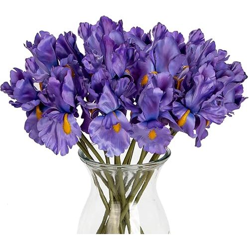 Hollyone Iris Artificial Flowers 15Pcs Faux Iris Purple Flowers 14.2" Real Touch Fake Flowers Picks Bouquets for Wedding Bridal Home Arrangements Office Table Centerpieces Decor