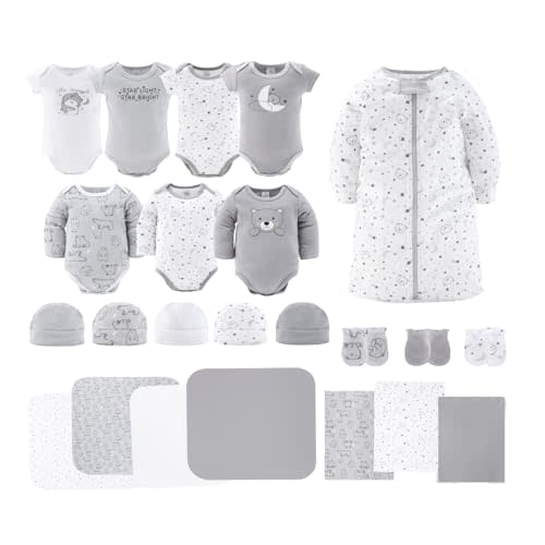 The Peanutshell Baby Layette Gift Set for Baby Girls - 23 Piece New Born Girl Gift Set, Clothes & Newborn Essentials Must Haves - Girl Clothes 0-3 Months - Grey Celestial & Bear
