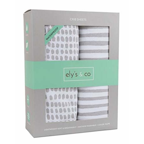Elys & Co. Waterproof Crib Sheet/Toddler Bed Sheets All-in-One Mattress Protector and Fitted Sheet Soft Jersey Cotton, Grey Splash & Stripes, Gender Neutral Nursery Bedding Essential 2-Pack