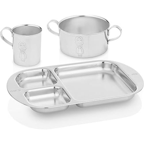 Children's Premium Stainless Steel Dinnerware Set | 1 Bowl with Handles, 1 Cup with Handle & 1 Divided Plate | Cute Little Princess Design | Perfect for Babies, Toddlers & Kids | by Kiddobloom