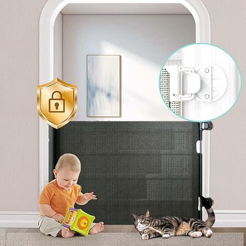 No-Drill Retractable Baby Gates for Stairs with Auto-Lock,33" Tall,Extends up to 55" Wide Mesh Baby Dog Pet Cat Gate with Double Lock for Doorways,Child Gate for Hallways Kitchen Indoor Outdoor Black