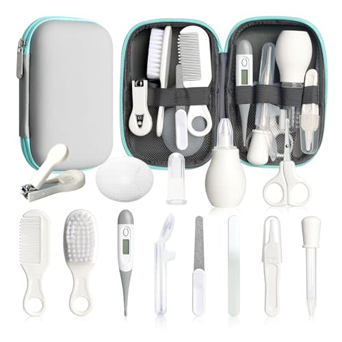Baby Healthcare and Grooming Kit, 14 in 1 Baby Safety Set Newborn Nursery Health Care Set with Hair Brush Scale Nail Clippers for Baby Girls Boys (14 Kits Grey White)