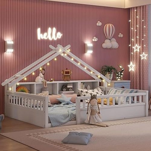Mirightone Full Size Floor Bed with Storage Bookshelves, Wooden Montessori Bed Frame with Light, Roof Shape & High Safety Rails, Low Profile Beds for Kids, Boys and Girls, No Box Spring Needed, White