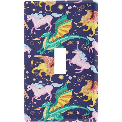 Pfrewn Dragon Unicorn Stars Toggle Light Switch Wall Plate Cover Electrical Outlet Size 1 Gang 2.9" x 4.6" Kitchen Living Room Bedroom Bathroom Decor