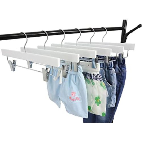 TOPIA HANGER 11.8'' White Wooden Pants Skirt Hangers for Kids Baby Toddler Children, Extra Thick Chrome Hooks & Anti-Wrinkle Premium Flat Clips 10 Pack CT09PW : Home & Kitchen
