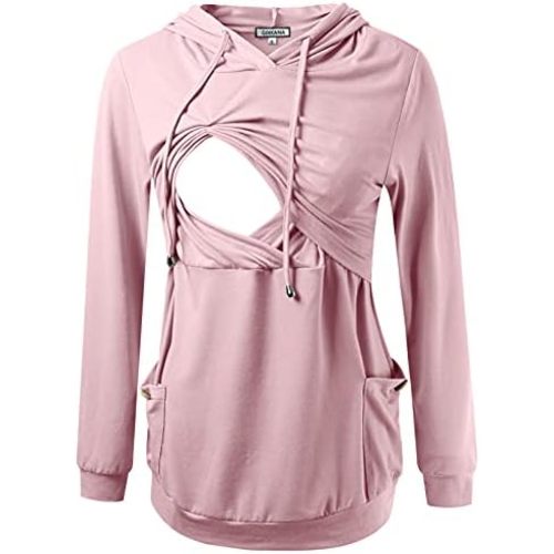 GINKANA Womens Nursing Hoodie Top Sweatshirt Long Sleeve Button Decoration Pockets Shirts Tunic Top