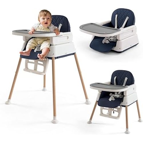 3 in 1 Baby High Chair, Portable High Chairs for Babies and Toddlers, Adjustable Convertible Infant Baby Feeding Chair Booster for Eating with Detachable Double Tray, 5 Point Harness, Footrest Blue