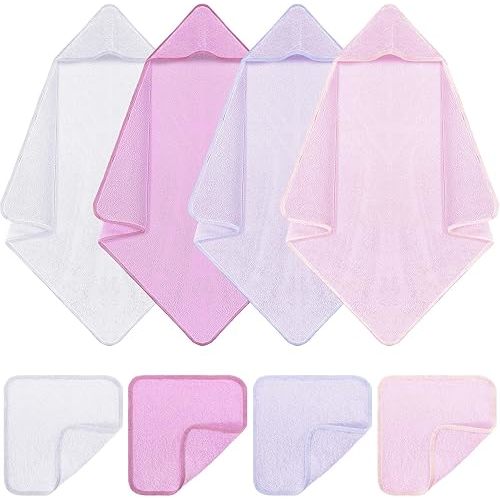 8 Pcs Baby Hooded Cotton Towels and Washcloths 30"x 30" Cotton Newborn Bath Washcloth with Hood Absorbent 10"x 10" Soft Baby Towel Unisex Newborn Gift for Girls Boys(Purple Series)