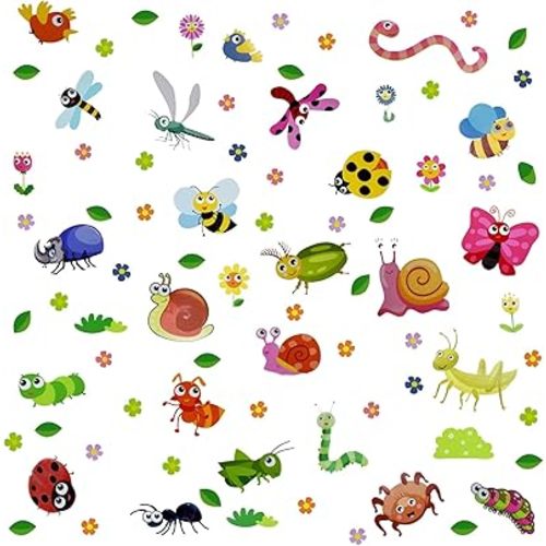 Maydahui Cartoon Insect Wall Decals Stickers (50 x 50 Inch) Butterfly Ant Flower Leaf Caterpillar Ladybug Dragonfly Mantis Snail Bird Little Bee Snake Cloud Butterfly DIY Removable Cute Animals Wall