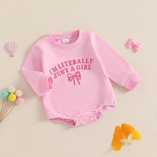 Amazon.com: AHUGHAUE Newborn Baby Girl Outfit I'm Literally Just A Girl Bow Embroidery Sweatshirt Bubble Romper Cute Long Sleeve Bodysuit (Pink, 3-6 Months): Clothing, Shoes & Jewelry
