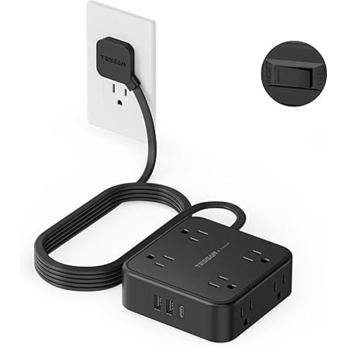 TESSAN Surge Protector Power Strip, 10 Ft Flat Plug Extension Cord with 3 USB (1 USB C) 8 Outlets, 1250W, 900J Protection, 3 Sided Outlet Extender with Power Switch for Office, Dorm Room, Black