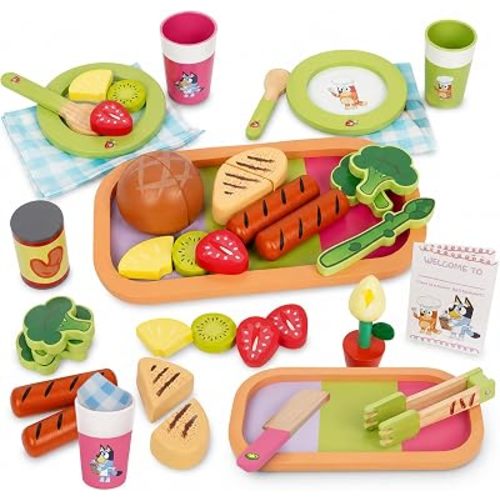Bluey Toy Fruits and Vegetables for Toddlers, 32-Piece Pretend Food with Plates, Utensils, Baby Play Food & Wooden Toy Fun