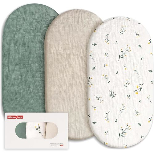 Gllquen Baby Muslin Bassinet Sheets 3 Pack, Breathable Elastic Cozy Fitted Cotton Bassinet Mattress Sheet for Baby Boy Girls, Fit for Hourglass Oval Rectangular Cradle Pad Sheets 33"x17" (Green)