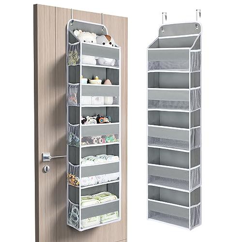 Yecaye 1 Pc Over the Door Organizer with 5 Bins 10 Side Pockets, 44lbs Load Hanging Bathroom and Bedroom Organizer, behind the Door Hanging Organizers for Nursery Newborn Baby Essential Stuff Grey